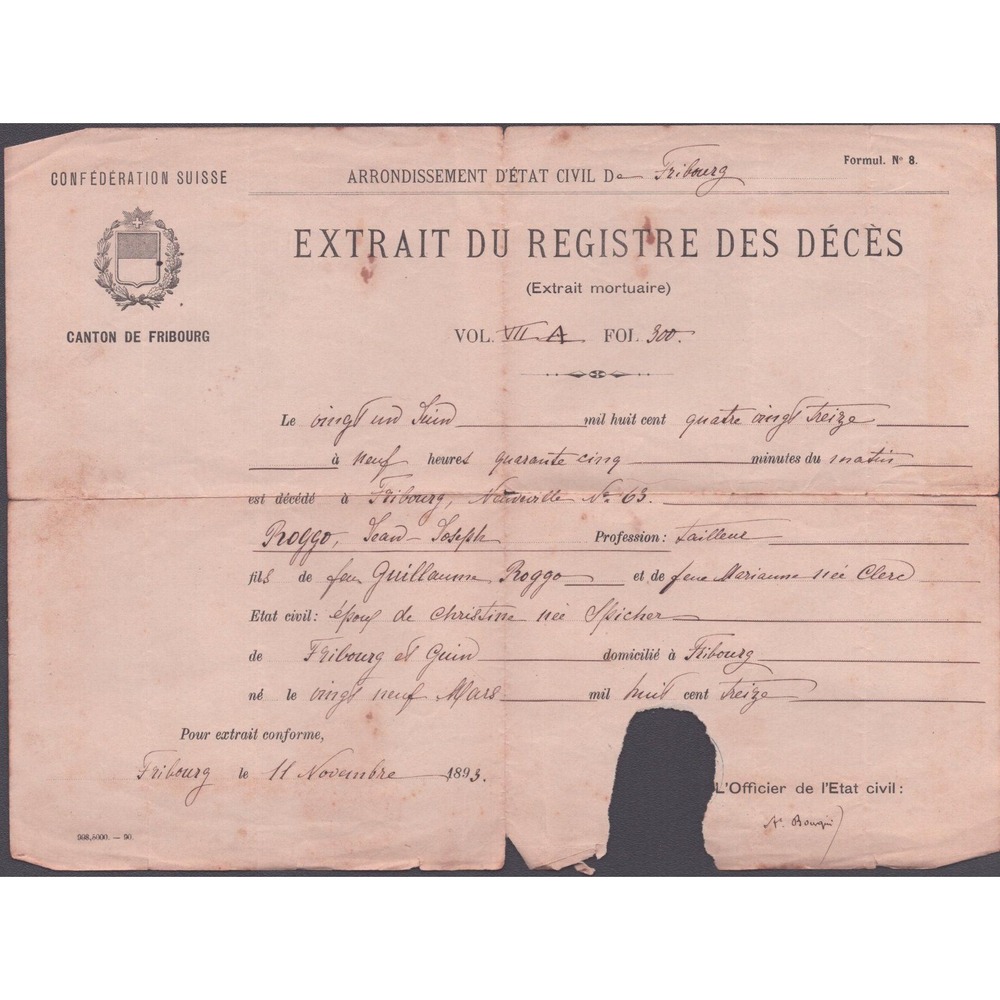 1893 Swiss Death Certificate Canton de Fribourg Jean-Joseph Roggo Ephemera
